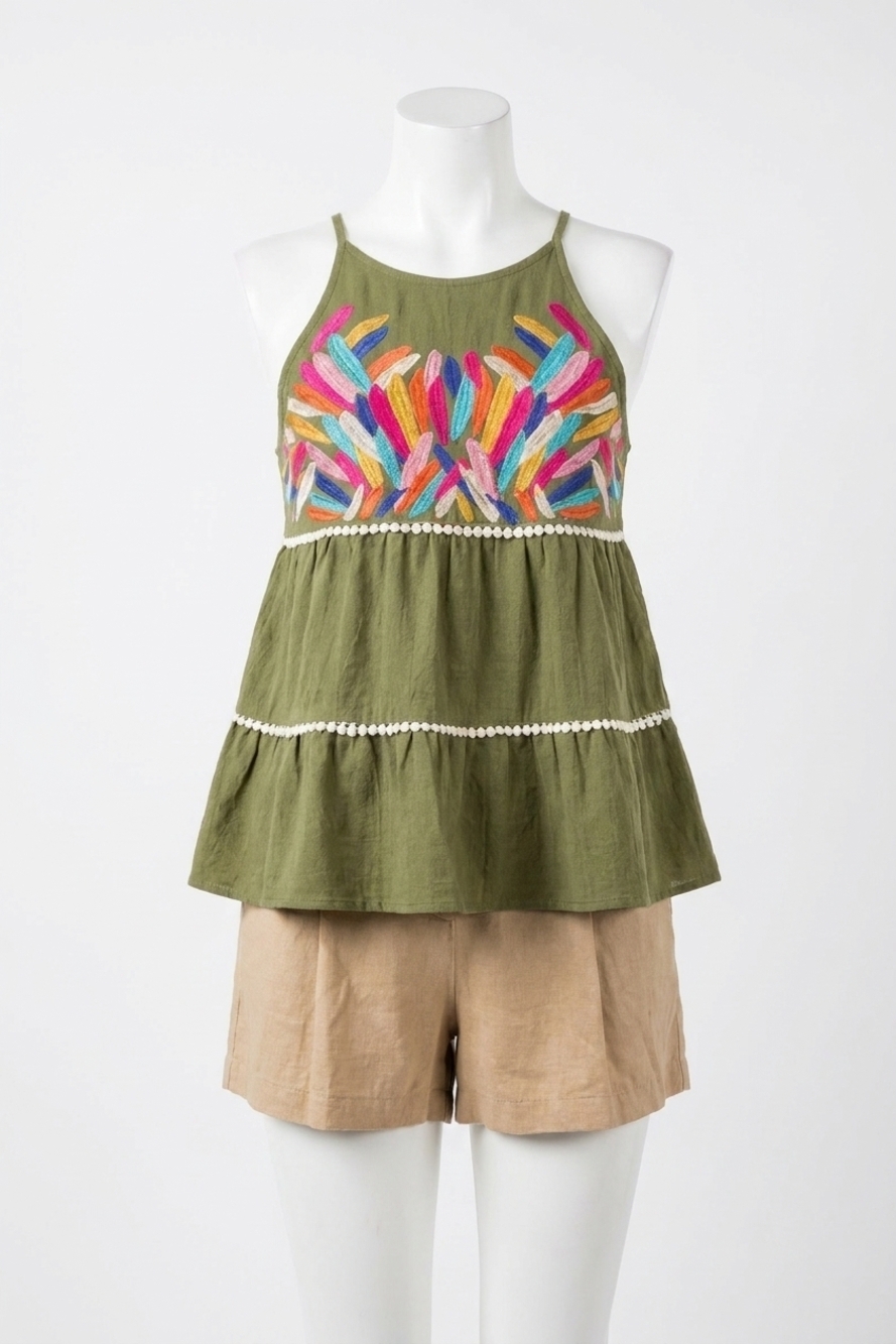 NEW THML natural beauty embroidered top in olive